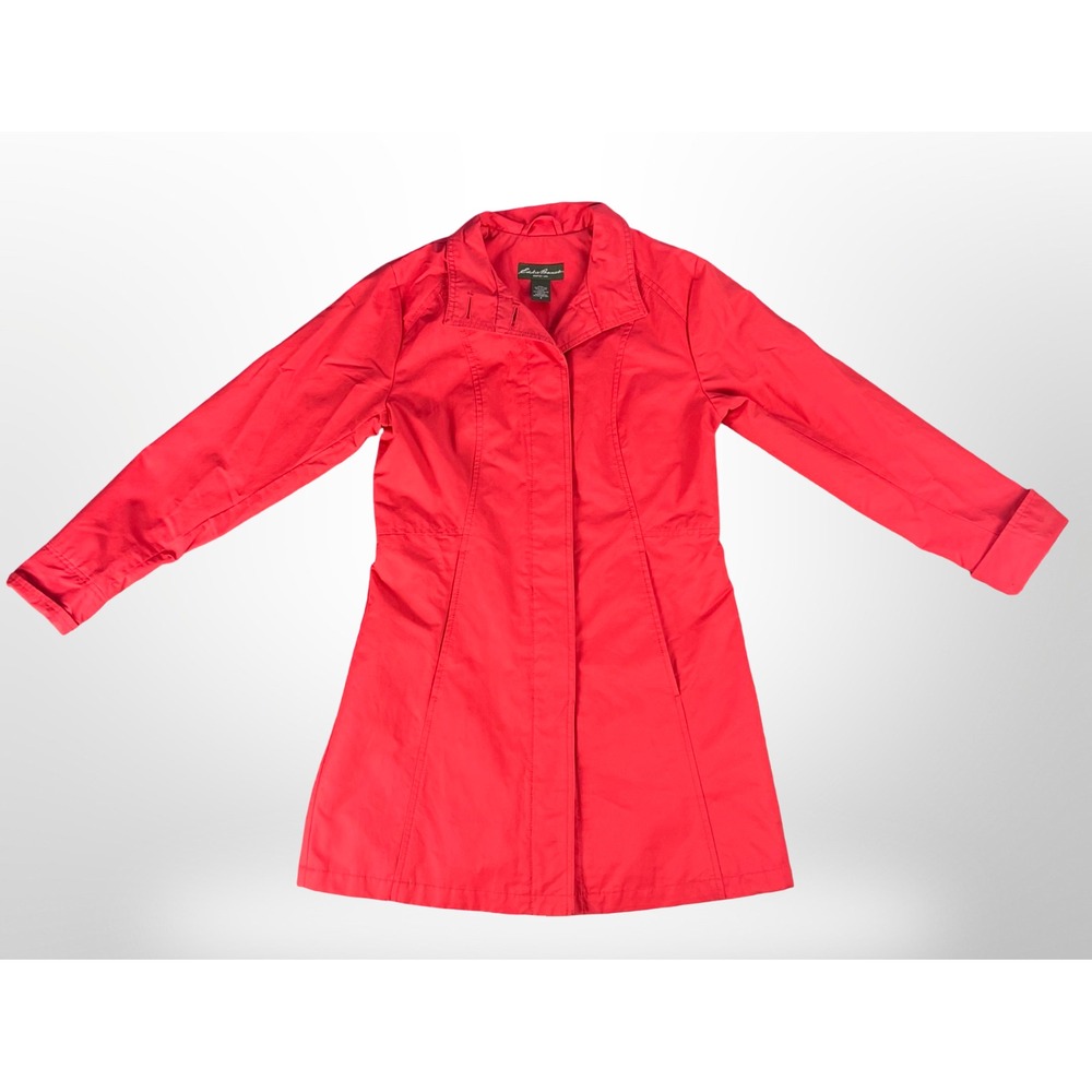 Eddie Bauer Womens Petite S Red Button Front Trench Coat Jacket Cotton Nylon